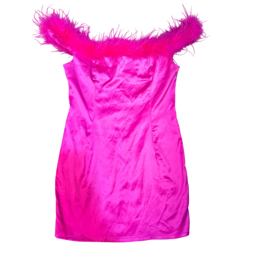 Boohoo Occasion Hot Pink Satin Feather Off Shoulder Mini Dress Womens Size 8